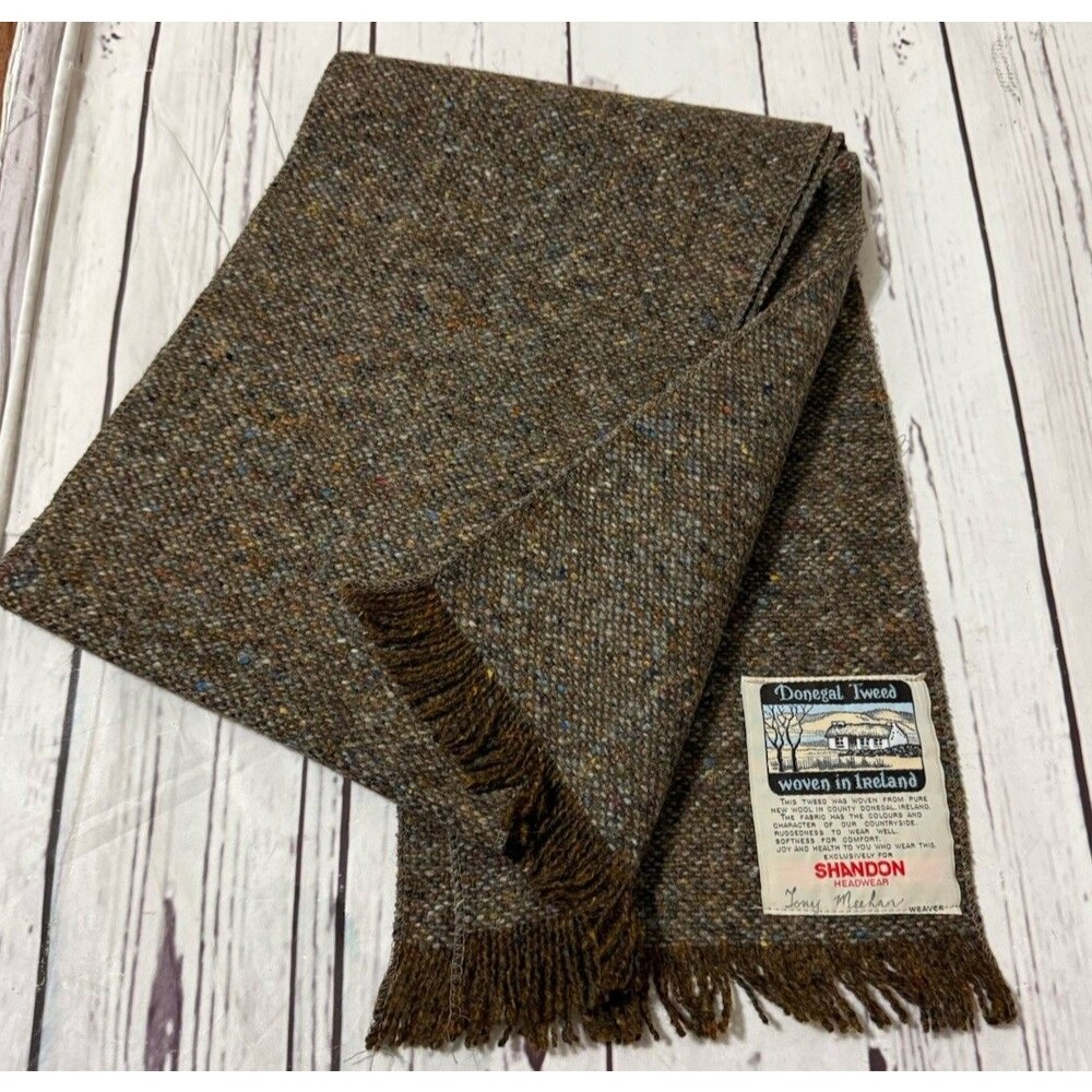 Donegal Tweed  Wool Scarf for Men Tony Meehan Weaver 56 Inches Long Fringe Brown